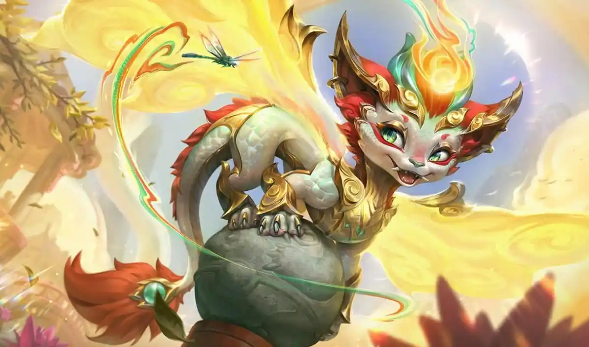 Smolder, a dragon champion in league of legends, perched on an egg.
