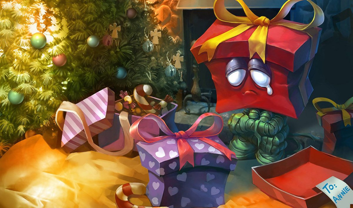 Regifted Amumu splash art in League of Legends featuring the Sad Mummy donning a present on his head while crying