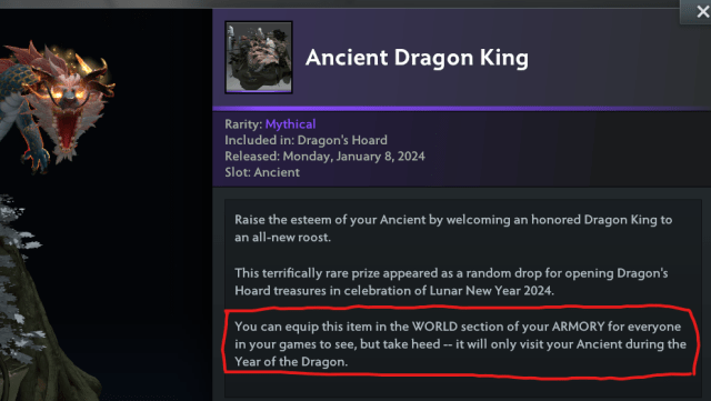 Text from the Ancient Dragon King cosmetic in Dota 2.