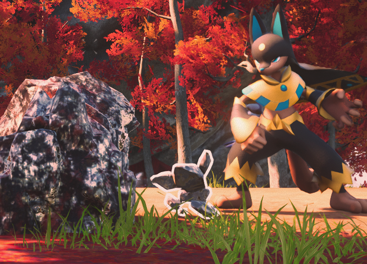 A screenshot of Anubis breaking ore in Palworld.