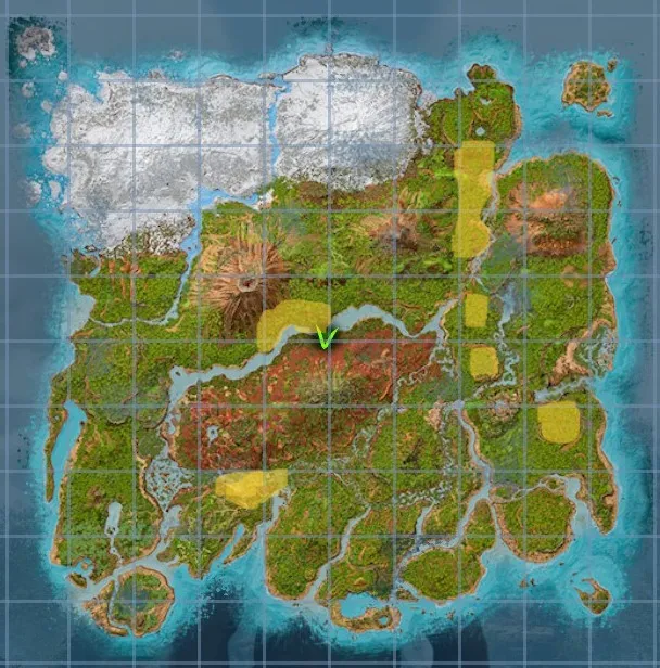 Gigantoraptor spawn locations highlighted on a map of The Island in Ark: Survival Ascended.