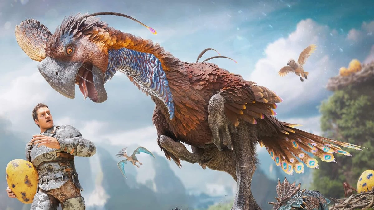 A character in Ark: Survival Ascended holding an egg and running from a Gigantoraptor