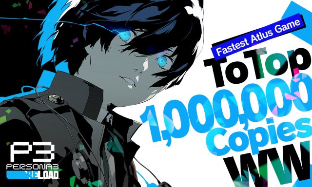 Persona character with bright blue eyes looks down next to a message about Persona 3 Reload selling 1 million copies.
