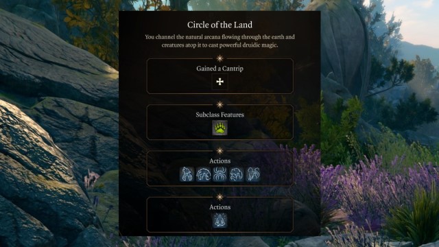 The UI selection for Circle of the Land is shown on the BG3 level up screen of BG3, showcasing several level 2 class features.
