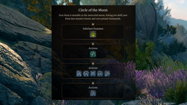 The UI selection for Circle of the Moon is shown on the BG3 level up screen of BG3, showcasing several level 2 class features.