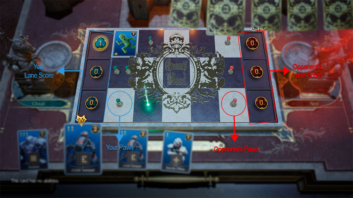 A Queen's Blood board with arrows pointing to pawns and scores