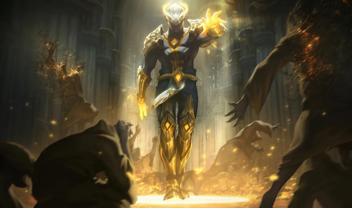 Brand holding his left hand forward while light ascends on him.