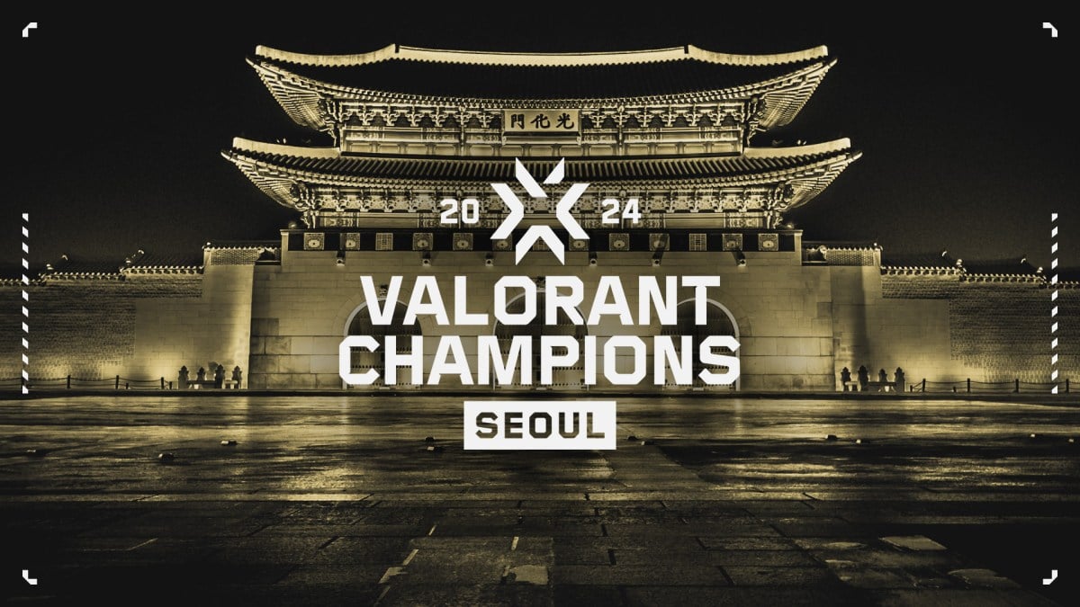 A picture of Gyeongbokgung palace in Seoul with a VALORANT Champions graphic in front of it.