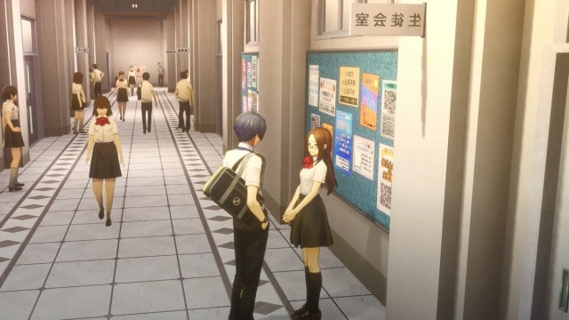 Two Persona 3 Reload characters chatting in a school corridor.