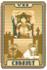 A golden Tarot card from Balatro showing a female figure atop a chariot