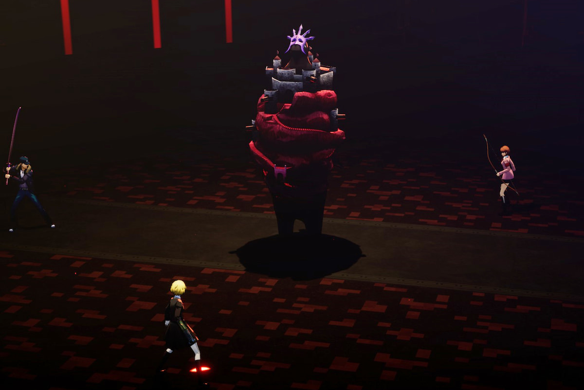 Aigis, Junpei, and Yukari face the Death Castle.