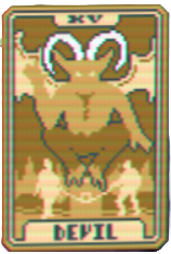 A golden card from Balatro showing a winged and horned devil