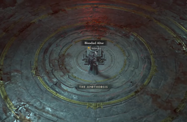 A character interacts with the Bloodied Altar in Diablo 4.