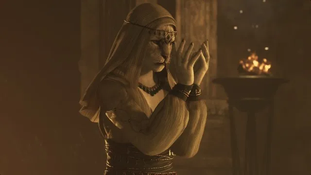 A cat-faced woman holds her hands up in prayer in Dragon's Dogma 2.