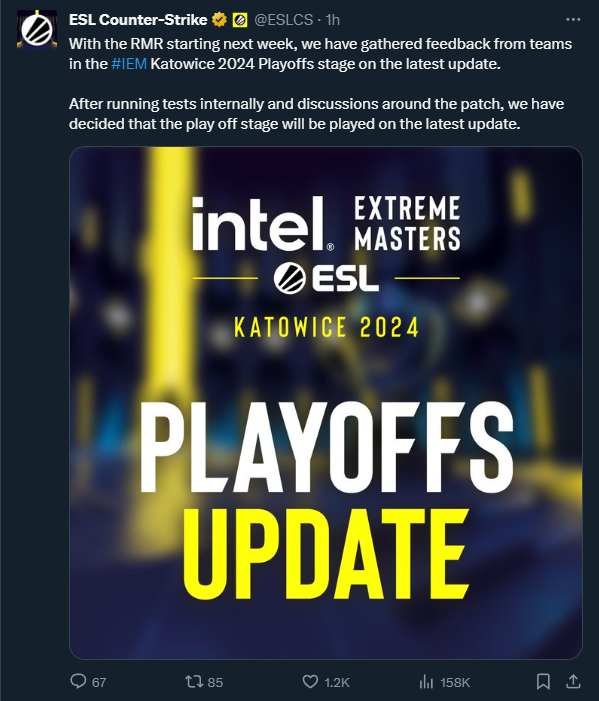 Official ESL announcement of IEM Katowice's switch to latest CS2 update.