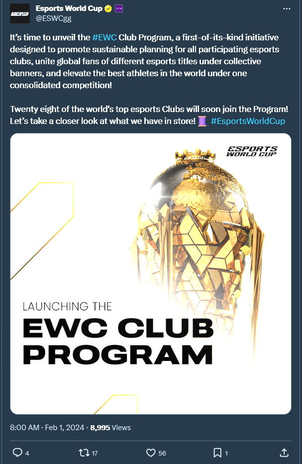 The EWC Club Program announcement post on X.