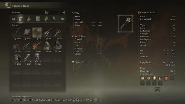 The Merchant screen in Elden Ring, with a focus on the Arrow item.