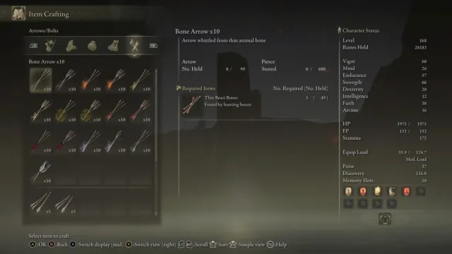 The Crafting Menu for Elden Ring, with the focus on the Bone Arrow item.