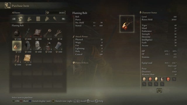 The menu for a merchant in Elden Ring, with the focus on the Fire Arrow item.
