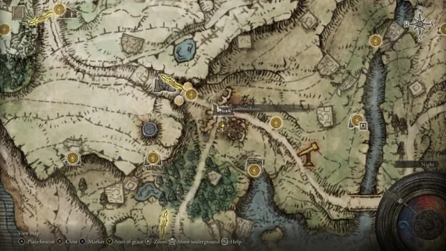 A map of Elden Ring, with the player character on top of where to find the Storm Stomp in Elden Ring.