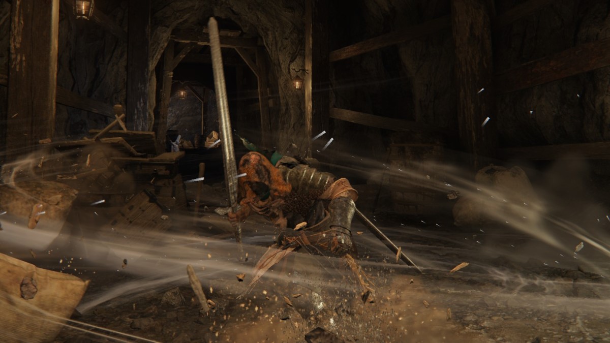 A knight is surrounded by a whirlwind in Elden Ring.