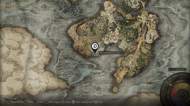 The map of the Weeping Peninsula in Elden Ring, with a Dot icon on the Tower of Return.