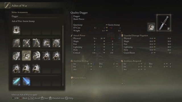 The Ash of War menu, showing the Tarnished equipping the Art of War to a dagger in Elden Ring.