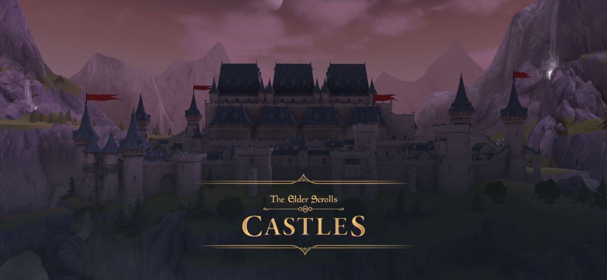 Elder Scrolls Castles title screen, featuring a kingdom and a sunset.