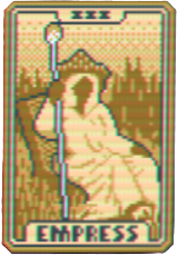 A female figure on a golden tarot card sitting atop a throne in Balatro