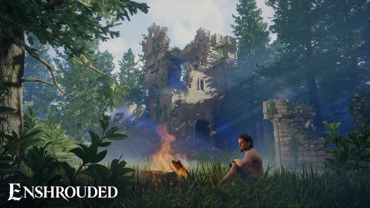 male character sits by a campfire among ruins and forest