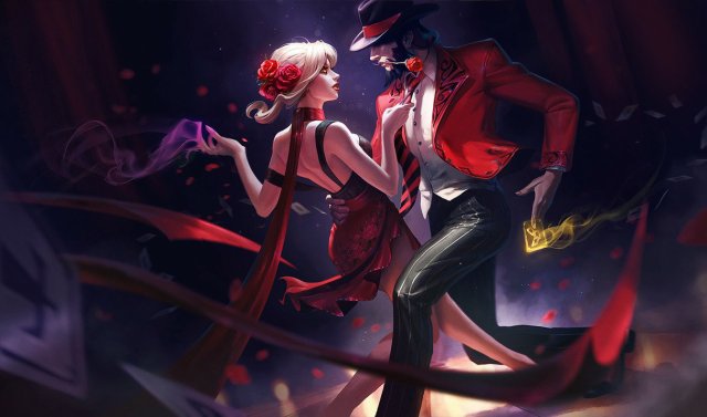Evelynn and Twisted Fate dancing tango with each other.
