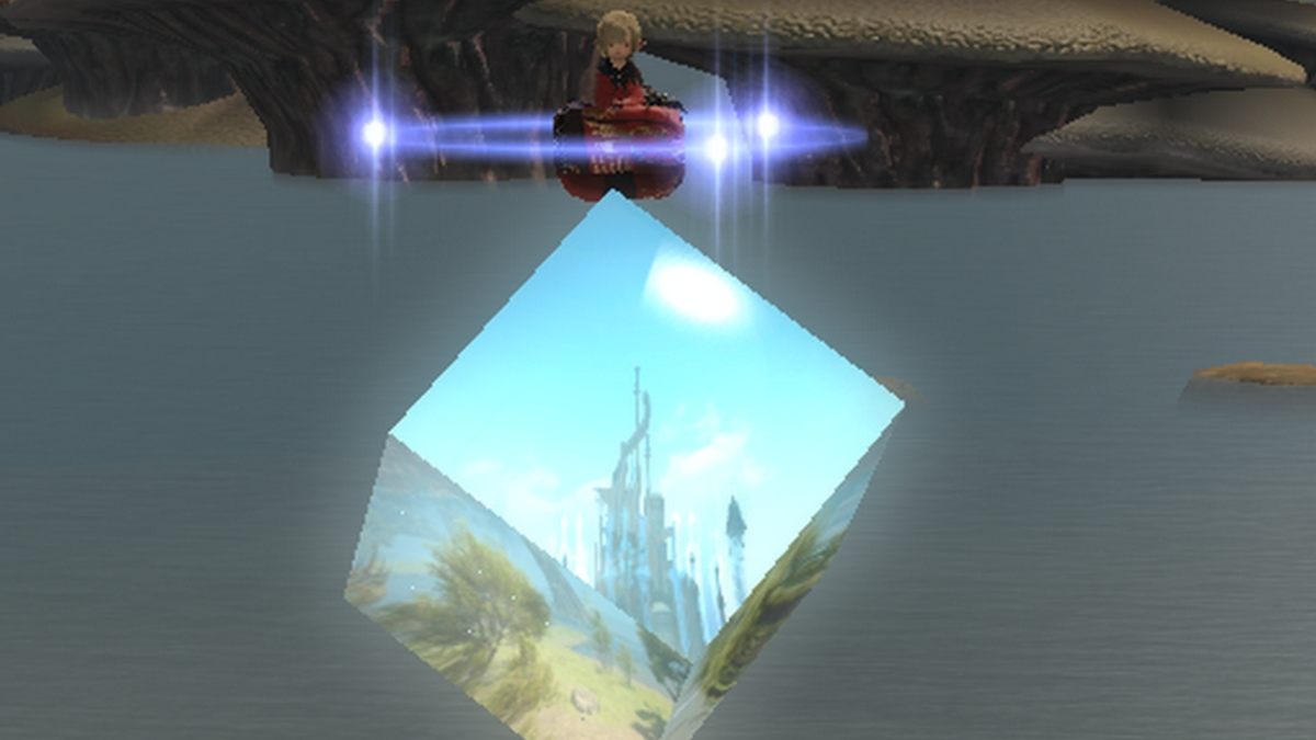 A player hovering above a magic cube.