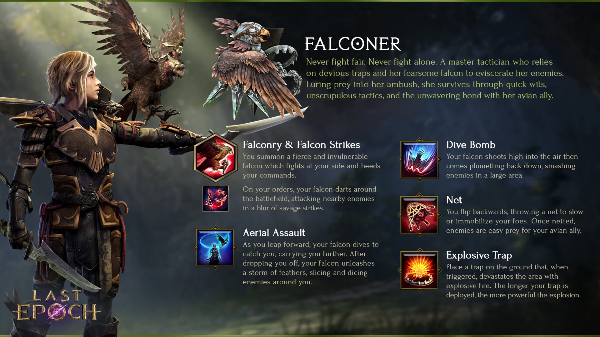 A promotional image of the Falconer mastery from The Last Epoch.