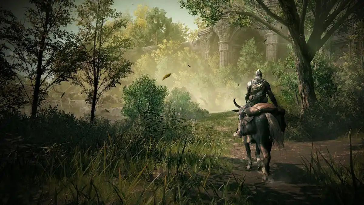 Elden Ring character walks on their horse through the woods