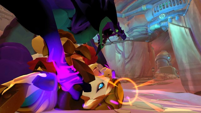 A large serpent monster holds a sphinx down with dark energy in Gigantic: Rampage Edition.