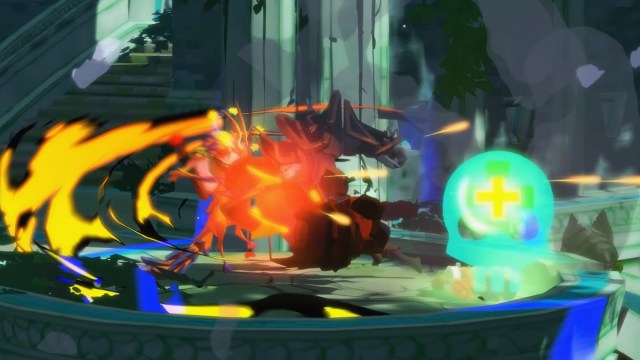 A man with a large, flaming arm punches another character in Gigantic: Rampage Edition. A skull is shown behind him.