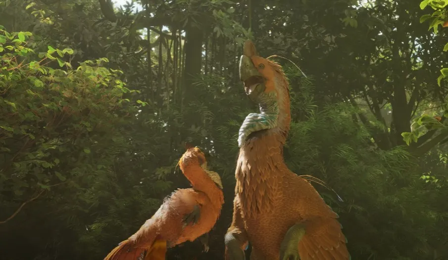 A Gigantoraptor with its baby in Ark Survival: Ascended.
