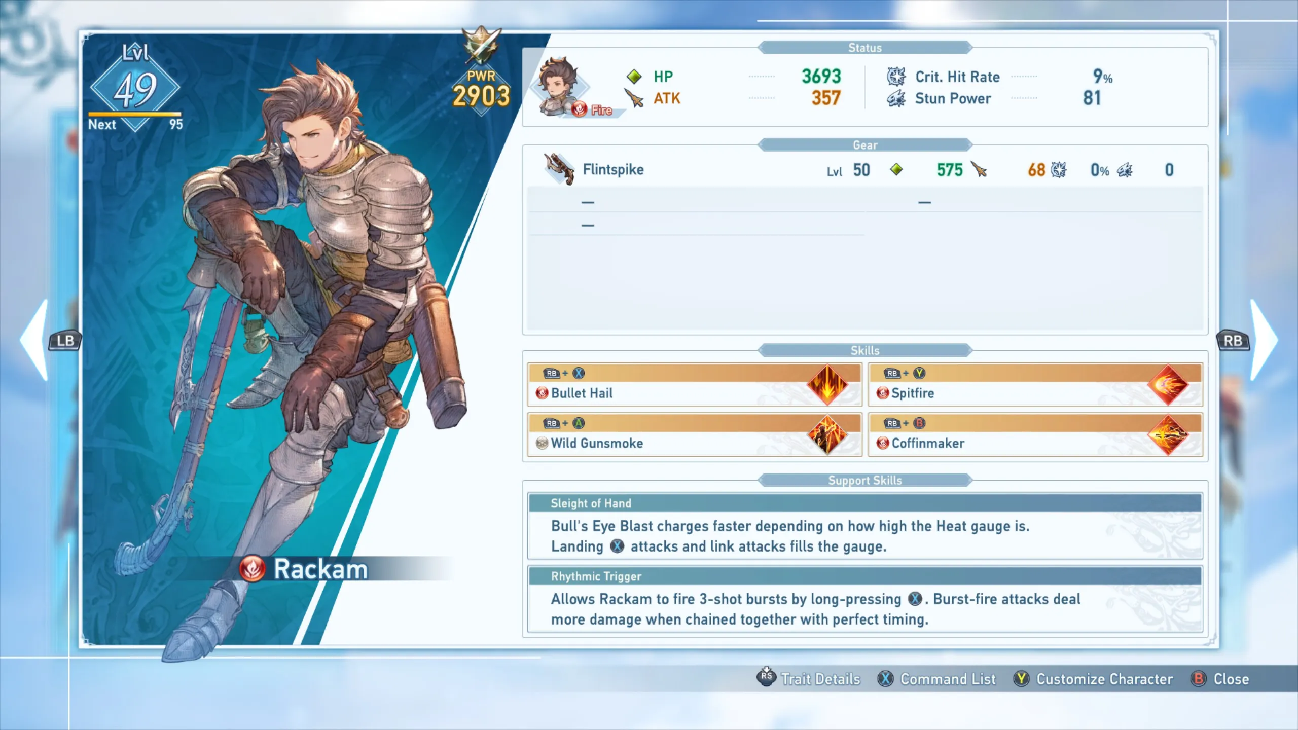 An image of Rackam's stats in Granblue Fantasy Relink.
