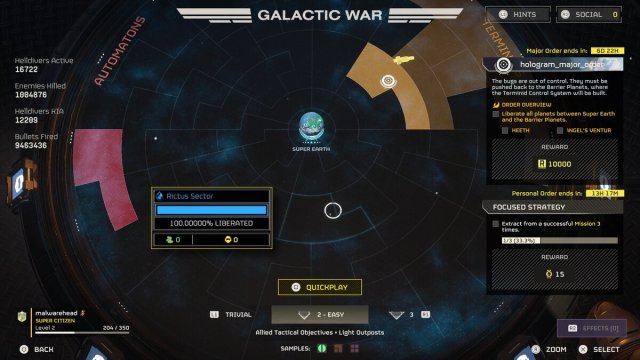 Planet overview and mission select on Galactic console in Helldivers 2