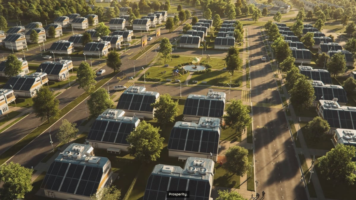 A Super Earth neighborhood of houses with solar panels in Helldivers 2 opening