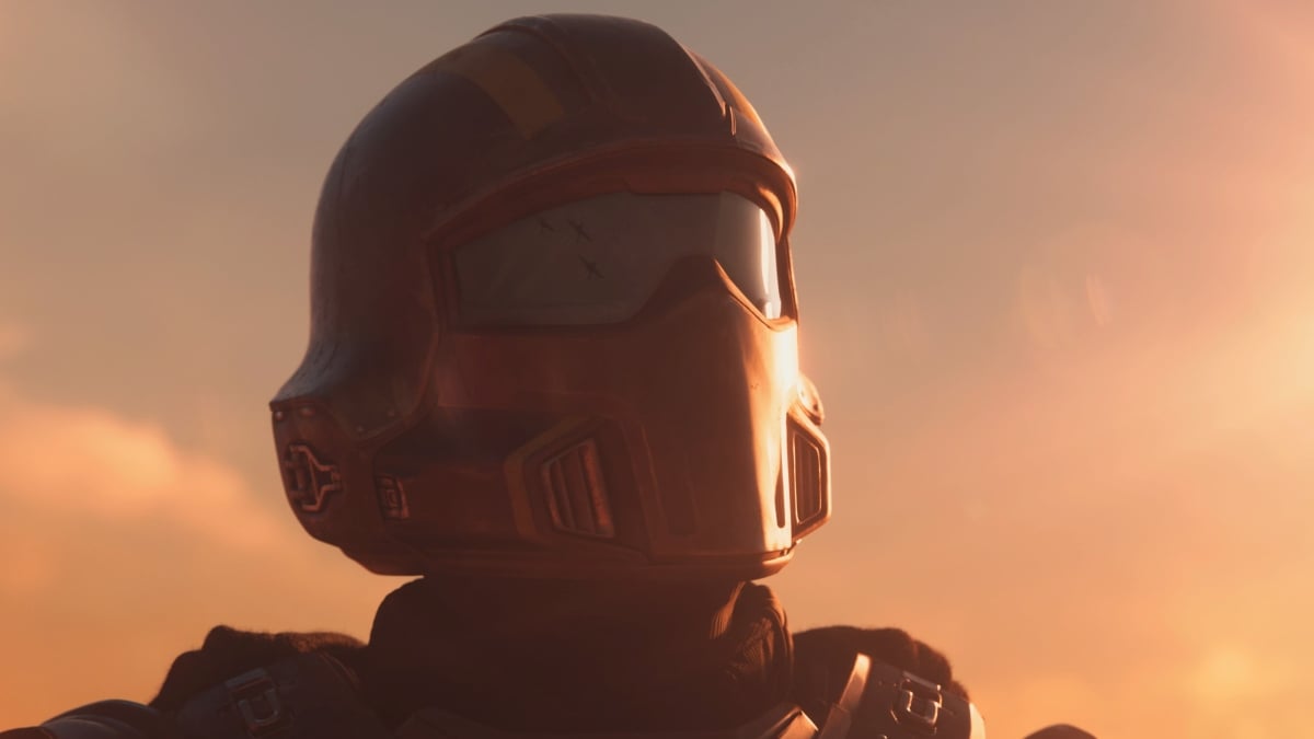 Helldiver looking up at passing jets with their reflection showing in the soldier's helmet in Helldivers 2 opening