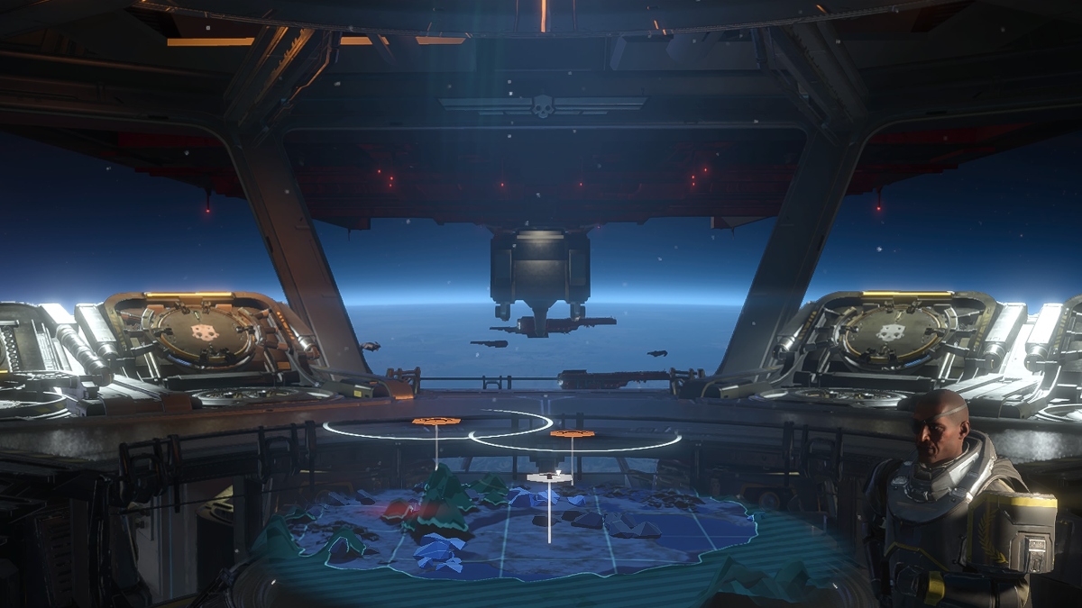 The cockpit of the Super Destroyer in Helldivers 2 with the Galactic War console and Hellpods visible in Helldivers 2.