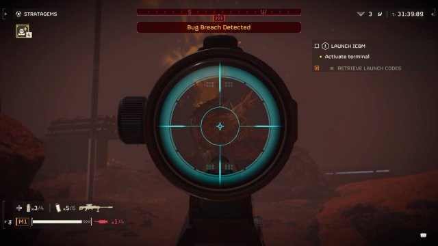 Anti-Material Rifle aiming at armored Terminid calling for reinforcements in Helldivers 2