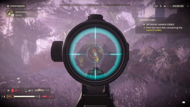 Aiming in with Anti-Material Rifle at the Bile Spewer sack in Helldivers 2