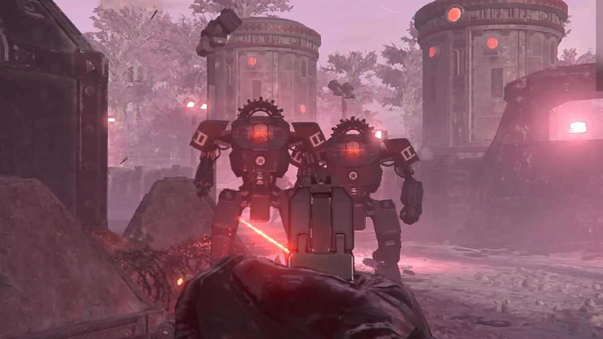 Two Devastators looking at the Helldiver in Helldivers 2