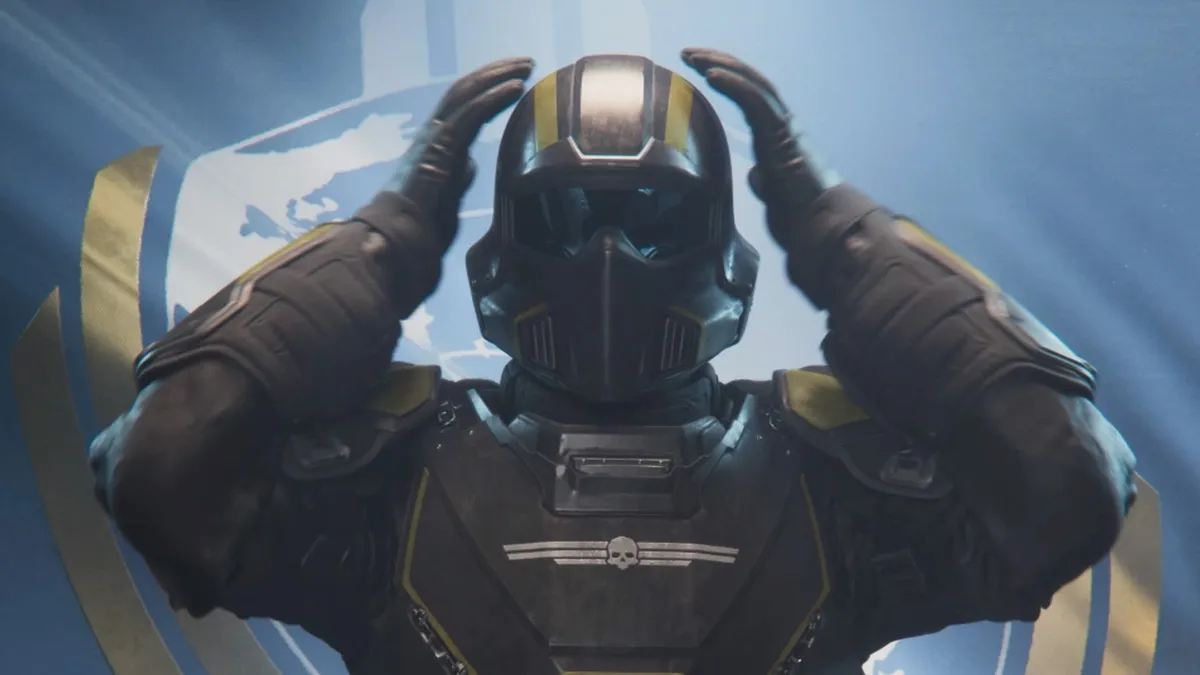Helldiver putting on his helmet in Helldivers 2 opening PSA