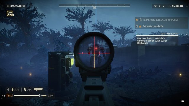 Aim down sights at armored enemy with supply drop in vision in Helldivers 2
