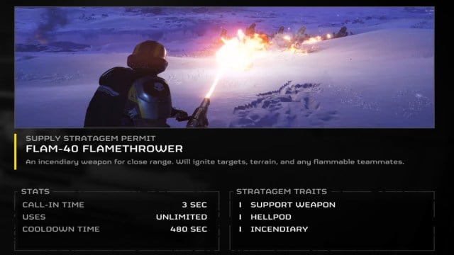 A description of the Flamethrower in Helldivers 2.
