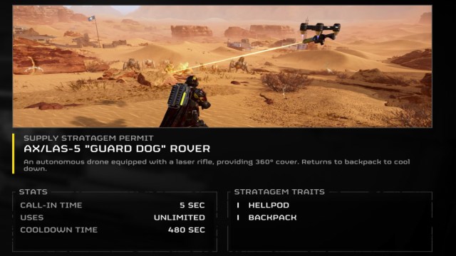 The description for the Guard Dog Rover Stratagem in Helldivers 2.