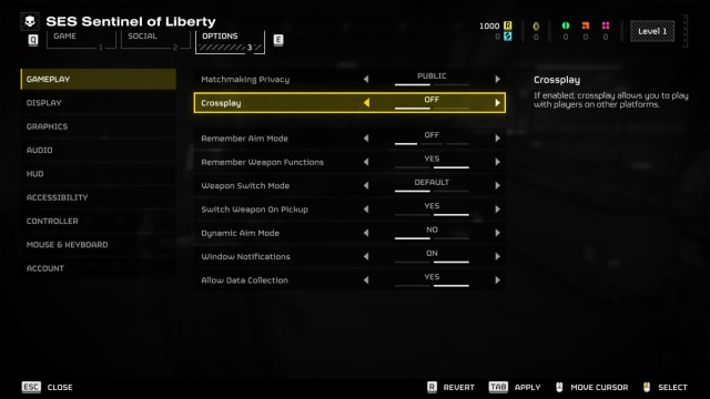 A screenshot showing the options menu in Helldivers 2.